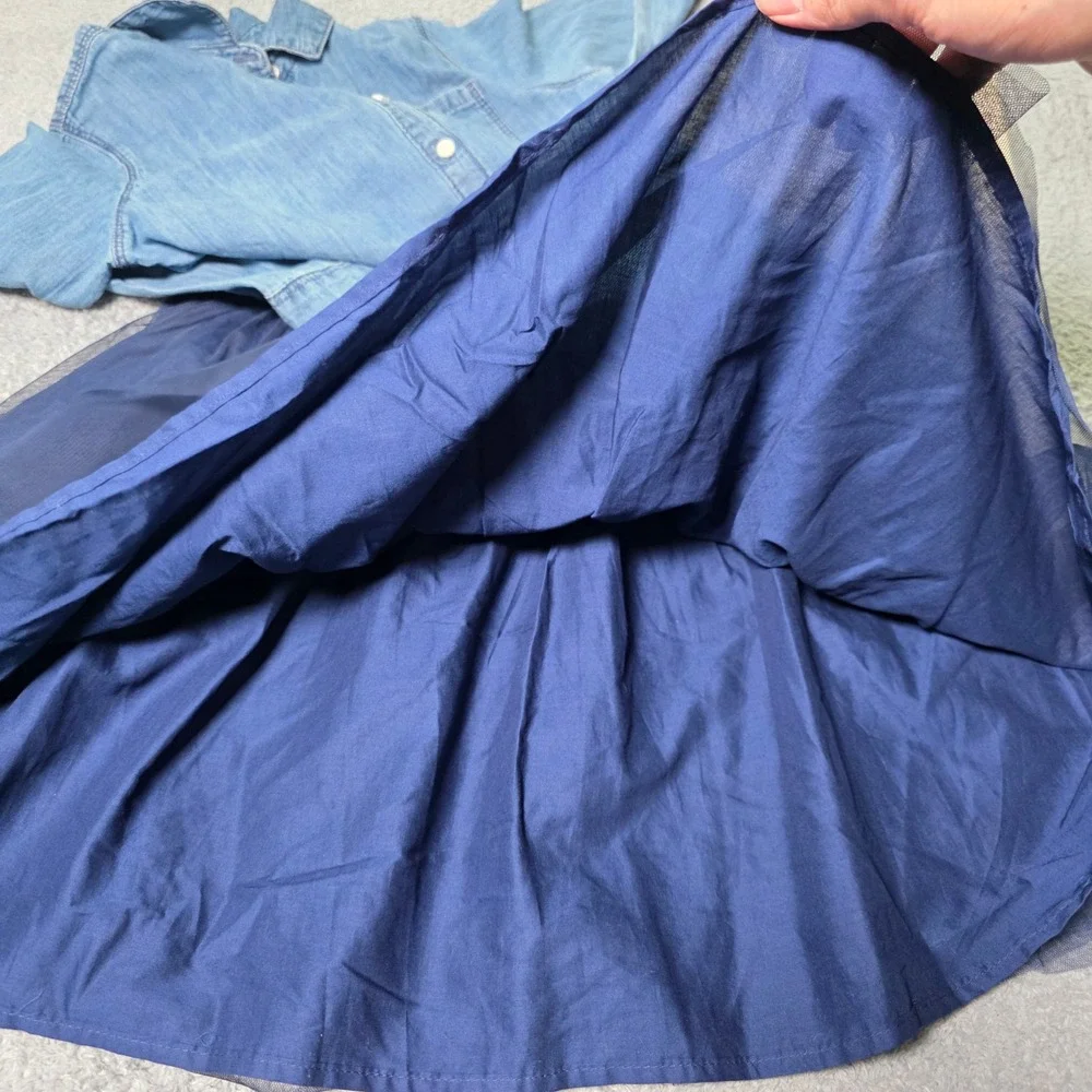OshKosh Girls Size 12 Denim Tulle Dress Blue Navy Long Sleeve Button Front NEW